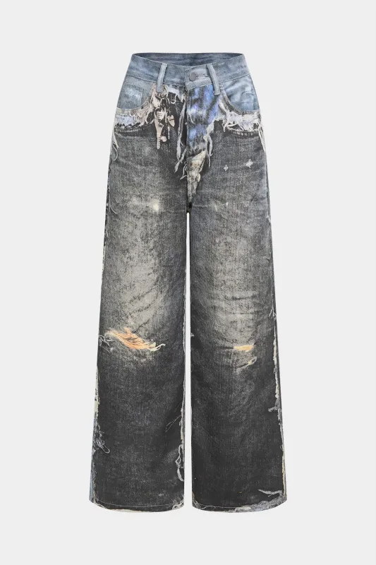 Denim Artistic Print Wide Leg Pants sold by Micas