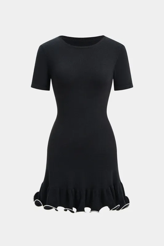 Knit Round Neck Contrast Binding Ruched Short Sleeve Dress sold by Micas
