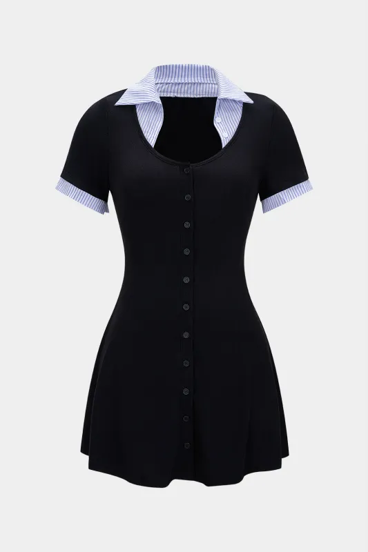 Striped Contrast Round Neck Button Short Sleeve Mini Dress sold by Micas