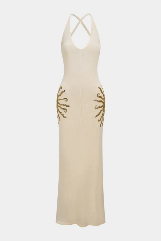 Knit Sequin Crossed Backless Sleeveless Dress made by Micas