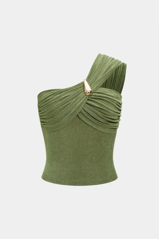 Metallic Decor One Shoulder Ruched Tank Top sold by Micas
