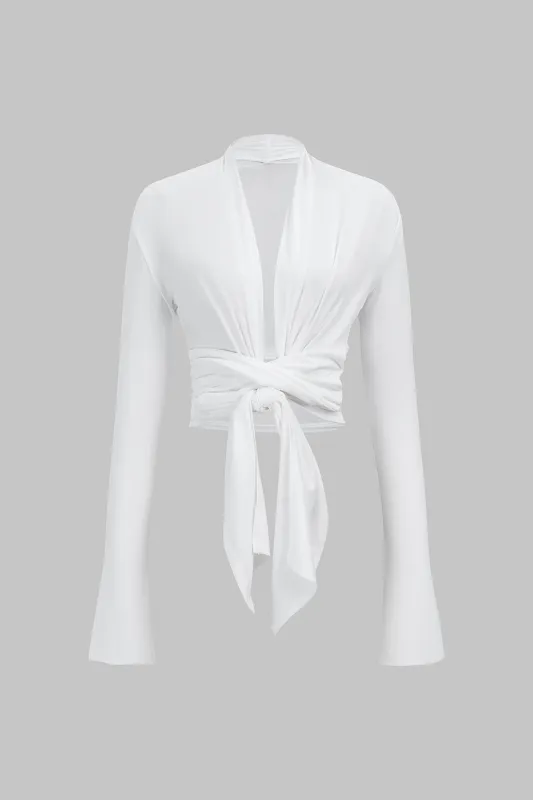 V-Neck Tie Front Ruched Long-Sleeve Top made by Micas