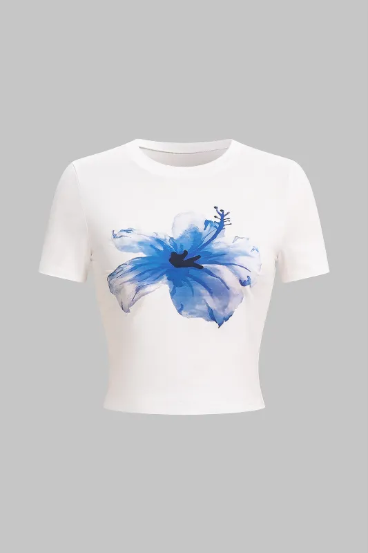 Floral Print Round Neck Short Sleeve T-Shirt made by Micas