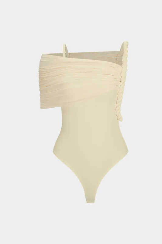 Asymmetrical Twist Knot Ruched Sleeveless Bodysuit made by Micas