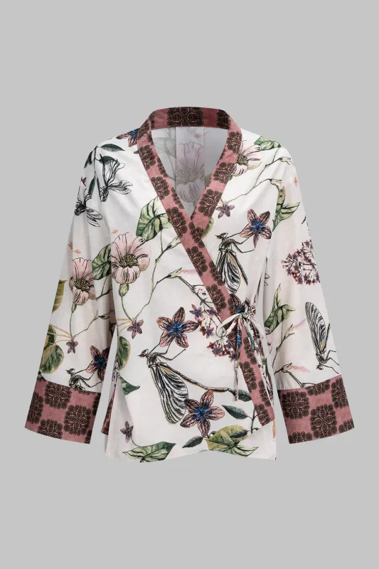 Floral Print V-Neck Tie-Up Long Sleeve Top made by Micas