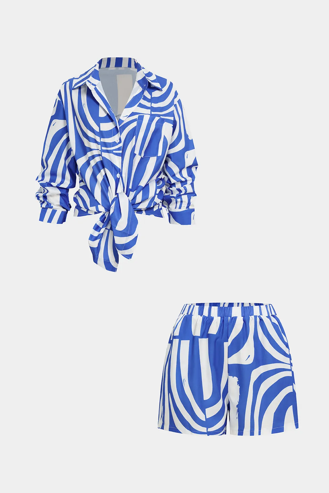Abstract Print Lapel Long Sleeve Shirt And Shorts Set sold by Micas