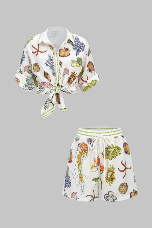 Ocean Print Button Short Sleeve Shirt And Shirred Waistband Shorts Set sold by Micas