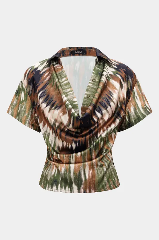 Ombre Print Satin Draped Cowl Neck Short Sleeve Top made by Micas