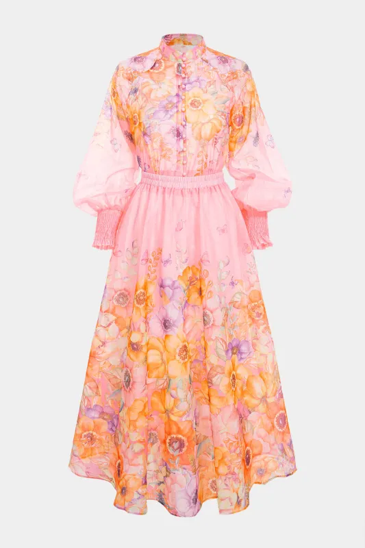 Floral Print Stand Collar Lantern Long Sleeve Shirt And Ruched High Waist Skirt Set made by Micas