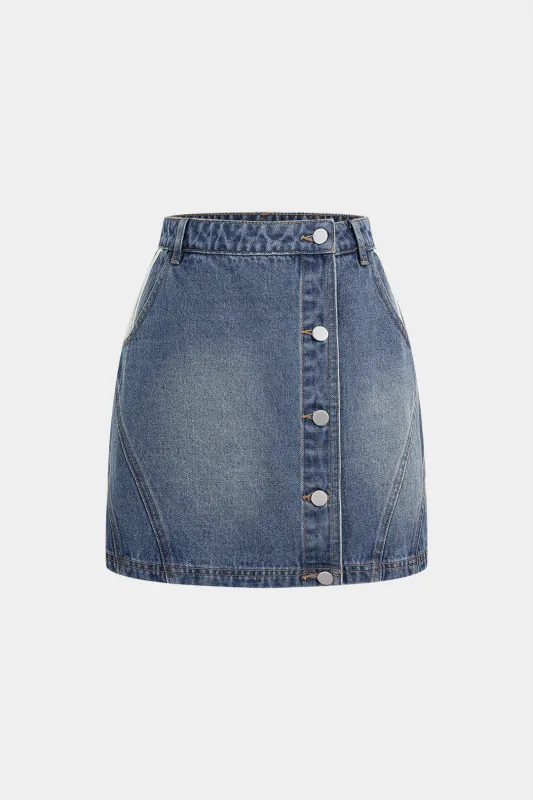 Denim Asymmetrical Seamdetail Button Skirt made by Micas
