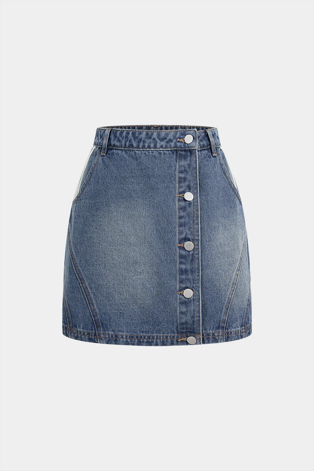 Denim Asymmetrical Seamdetail Button Skirt sold by Micas