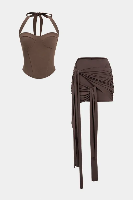 Halter Tie Back Sleeveless Top And Asymmetrical Ruched Skirt Set made by Micas