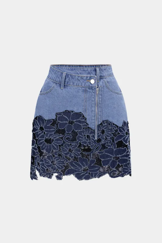 Denim Patchwork Asymmetrical Zipper Frayed Skirt made by Micas