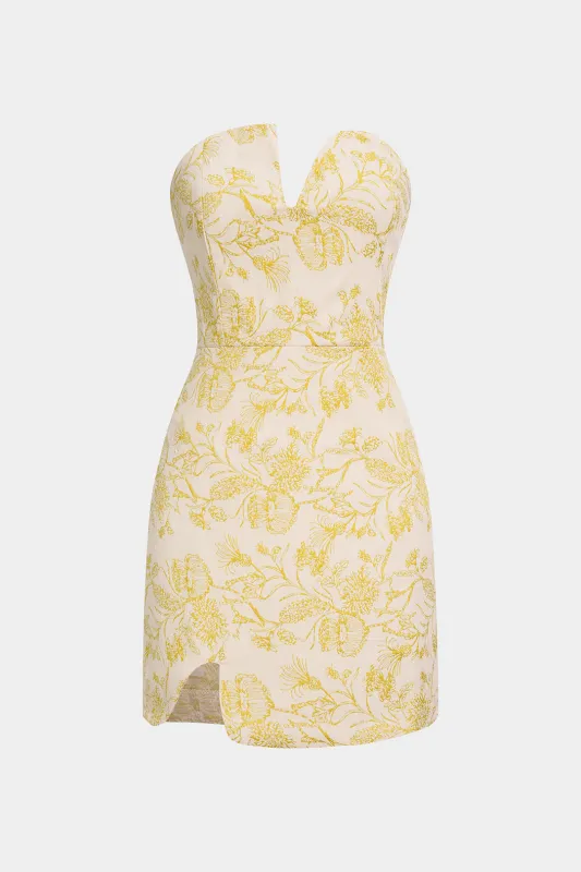 Floral Textured Asymmetrical Zipper Strapless Sleeveless Mini Dress sold by Micas