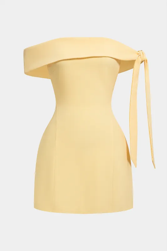 Solid Off Shoulder Asymmetrical Tie-Up Sleeveless Mini Dress made by Micas
