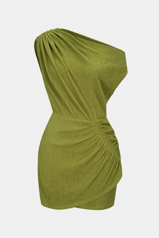 One Shoulder Asymmetrical Ruched Sleeveless Mini Dress made by Micas