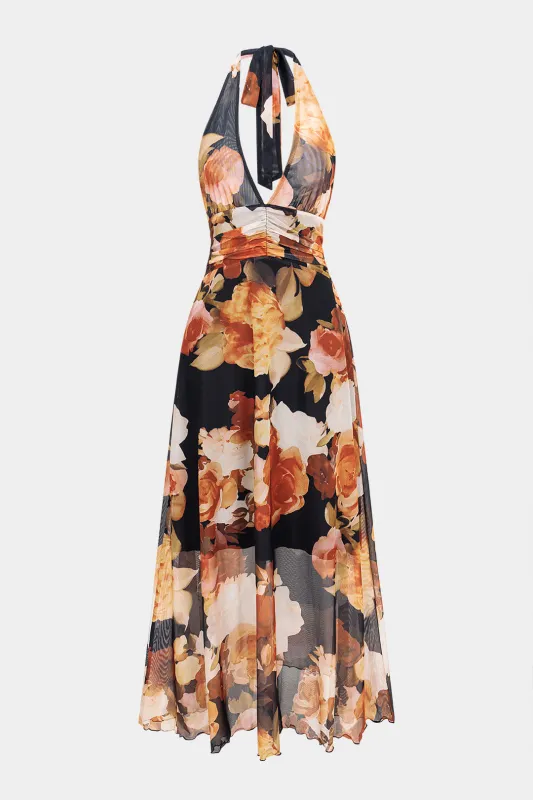 Floral Print Mesh Halter V-Neck Tie Back Backless Sleeveless Maxi Dress sold by Micas
