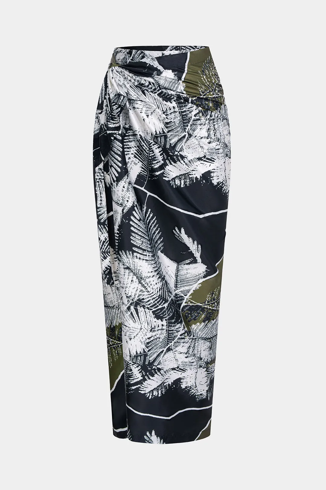Leaves Print Satin Asymmetrical Tie-Up Ruched Skirt sold by Micas