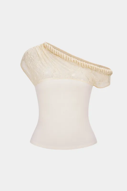 Lace Patchwork Twist Knot One Shoulder Sleeveless Top sold by Micas