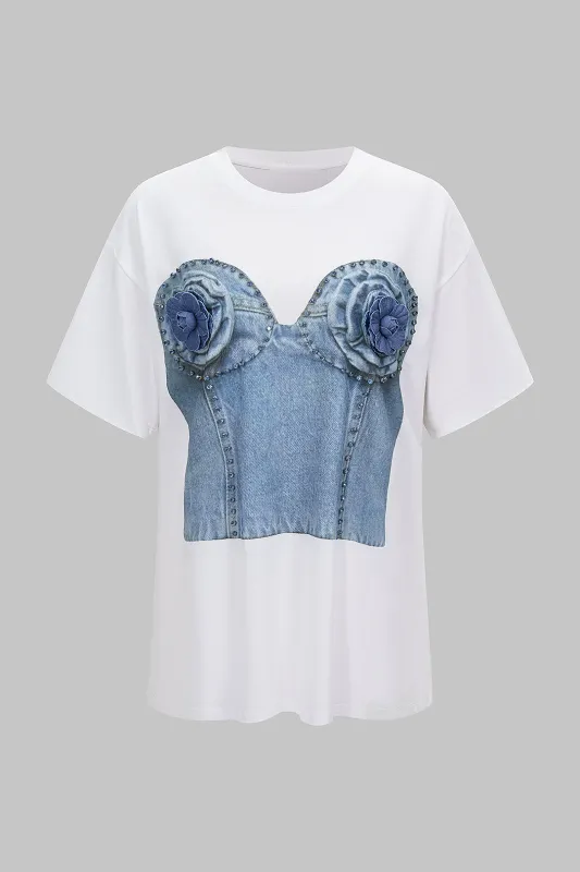Denim Print 3D Flower Rhinestone Decor Round Neck Short Sleeve T-Shirt made by Micas