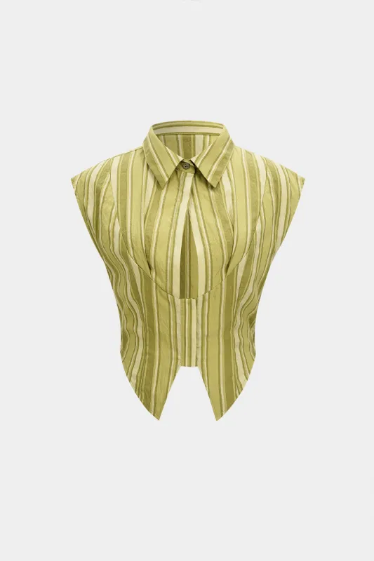Stripes Print Lapel Cut Out Tank Top sold by Micas
