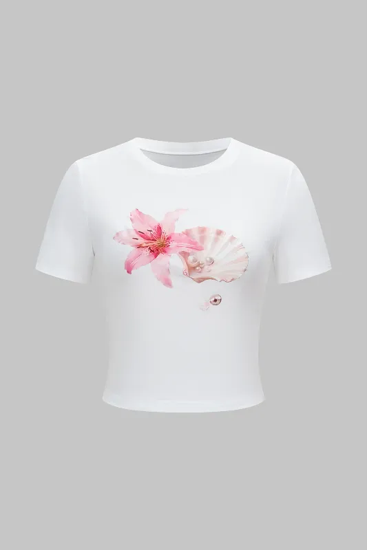 Floral Print Round Neck Short Sleeve T-Shirt sold by Micas