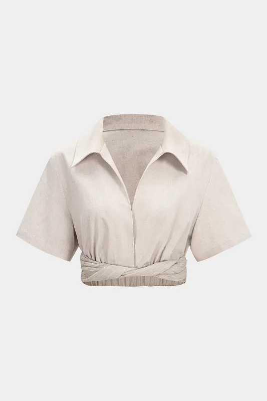 Linen Lapel Twist Knot Cropped Top made by Micas