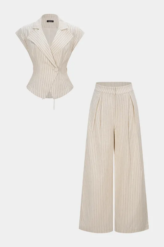 Stripes Print Linen Notched Lapel Tie Back Blazer And Wide Leg Pants Set sold by Micas
