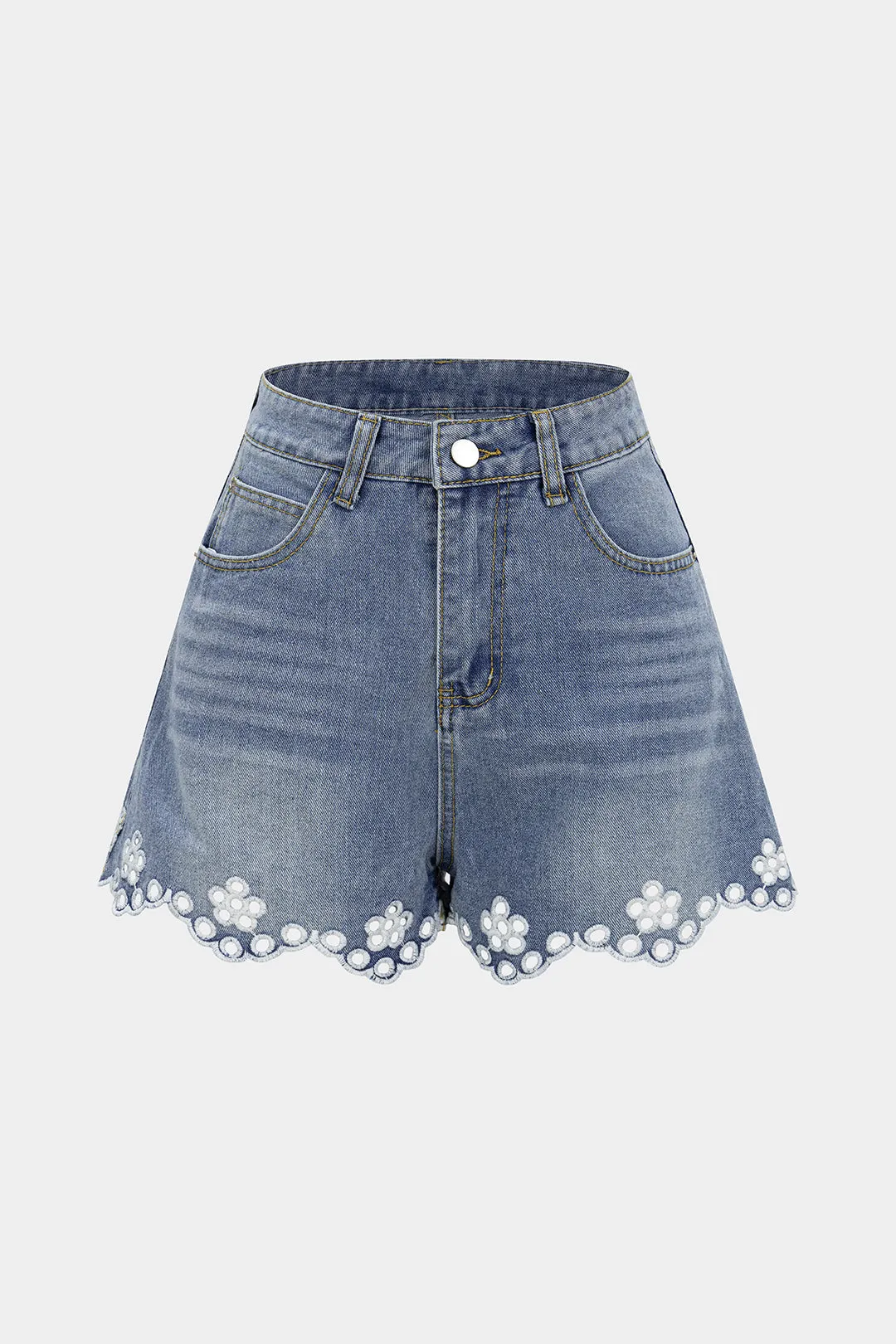 Denim Hollow Out Embroidery Floral Shorts sold by Micas