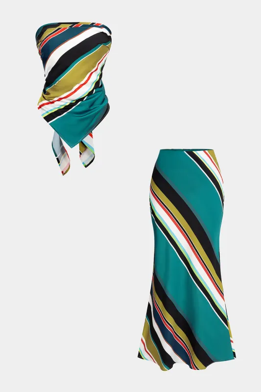 Contrast Stripes Print Satin Tie Back Tube Top And High Waist Skirt Set sold by Micas