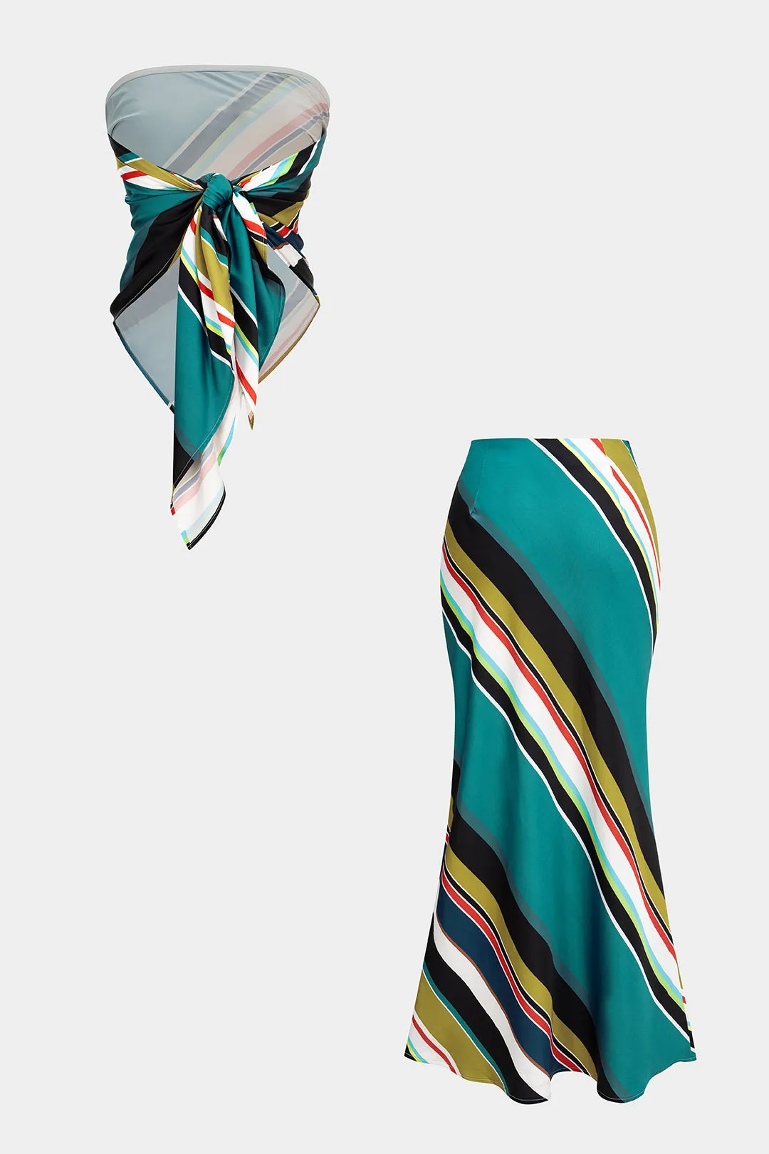 Contrast Stripes Print Satin Tie Back Tube Top And High Waist Skirt Set sold by Micas product image thumbnail 2