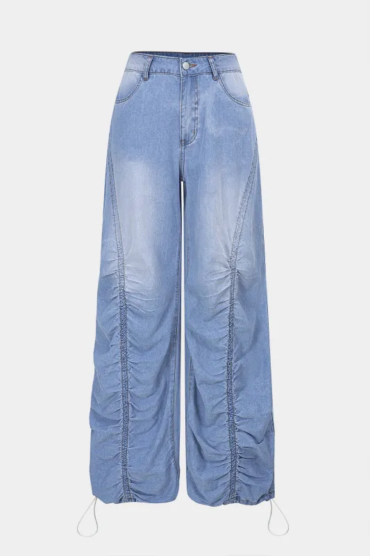 Denim Ruched Drawstring Straight Leg Jeans made by Micas