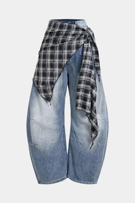 Denim Plaid Print Asymmetrical Tie-Up Wide Leg Jeans sold by Micas