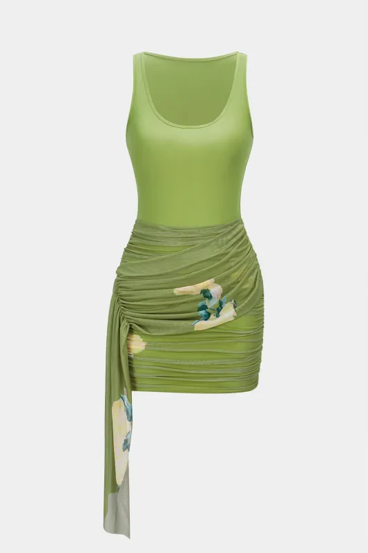 Floral Print Mesh Patchwork Round Neck Asymmetrical Ruched Sleeveless Mini Dress sold by Micas