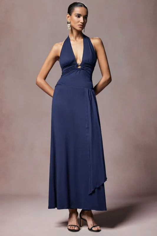 Deep V-Neck Halter Tie Back Ruched Sleeveless Maxi Dress made by Micas