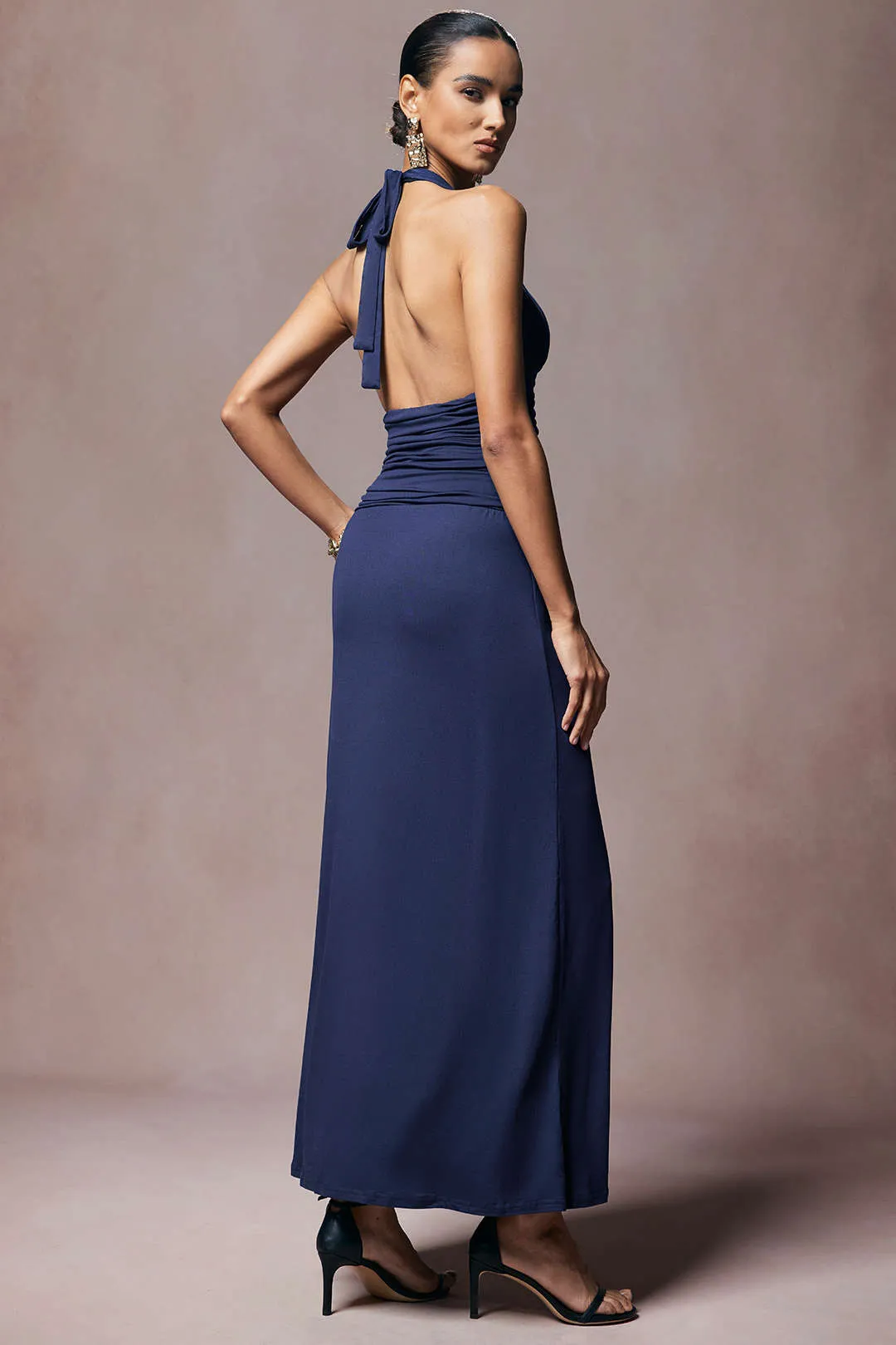 Deep V-Neck Halter Tie Back Ruched Sleeveless Maxi Dress sold by Micas product image thumbnail 3