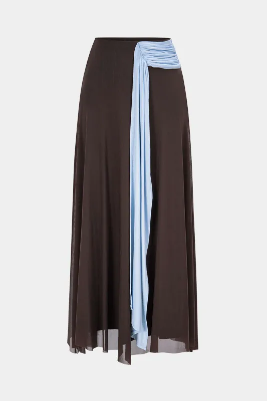 Contrast Mesh Patchwork Asymmetrical Ruched Skirt made by Micas