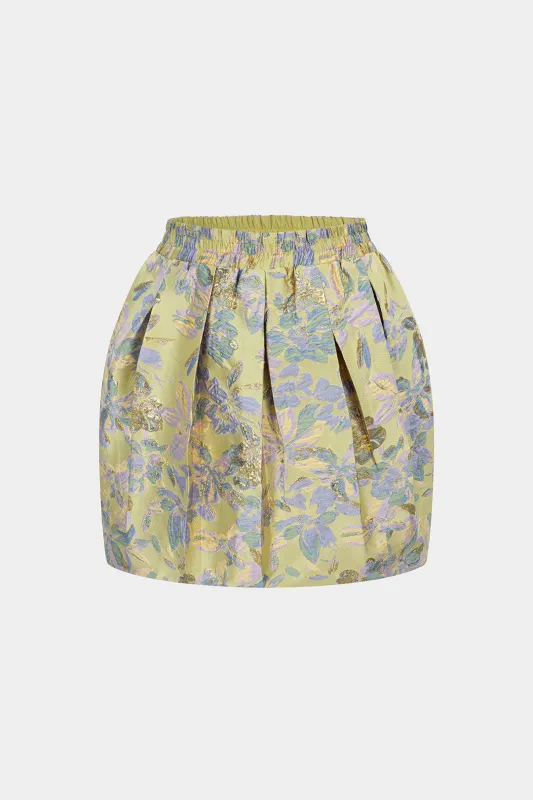 Floral Print Jacquard Shirred Waistband Skirt made by Micas