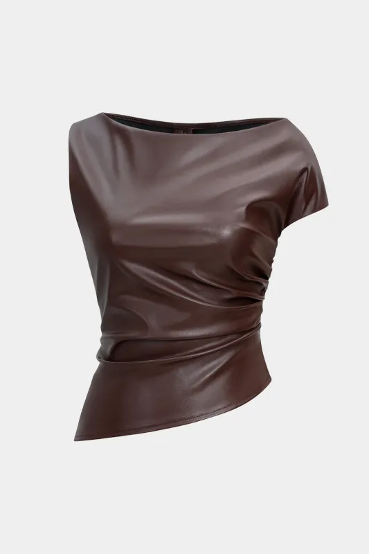 Faux Leather Zipper Ruched Short-Sleeve Shirt made by Micas
