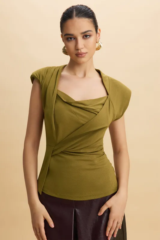 Asymmetrical Draped Cowl Neck Ruched Flutter Shoulder Pads Short Sleeve T-Shirt made by Micas