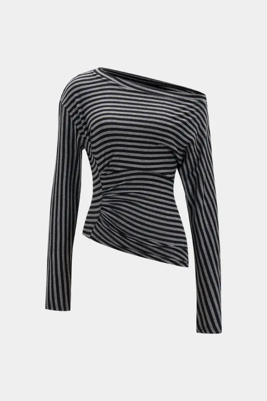 Stripes Print Ruched Asymmetric Long-Sleeve Top sold by Micas