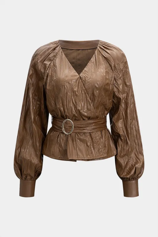 Faux Leather Pleated Belted V-Neck Long-Sleeve Shirt sold by Micas