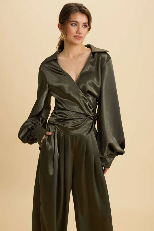 Satin Metallic Decor Ruched V-Neck Long-Sleeve Shirt made by Micas