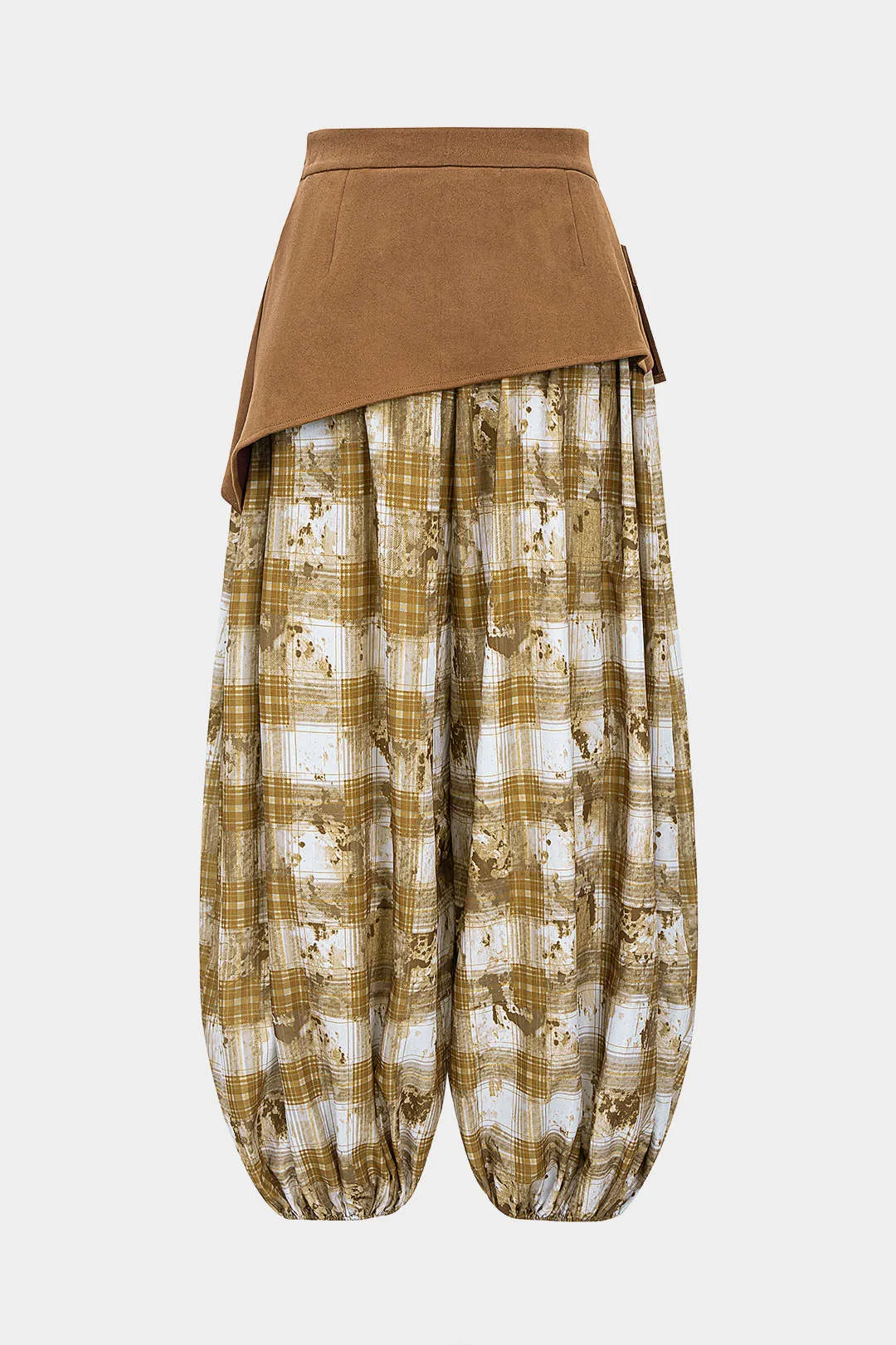 Plaid Print Shirred Waistband Patchwork Button Asymmetrical Lantern Trousers sold by Micas product image thumbnail 2