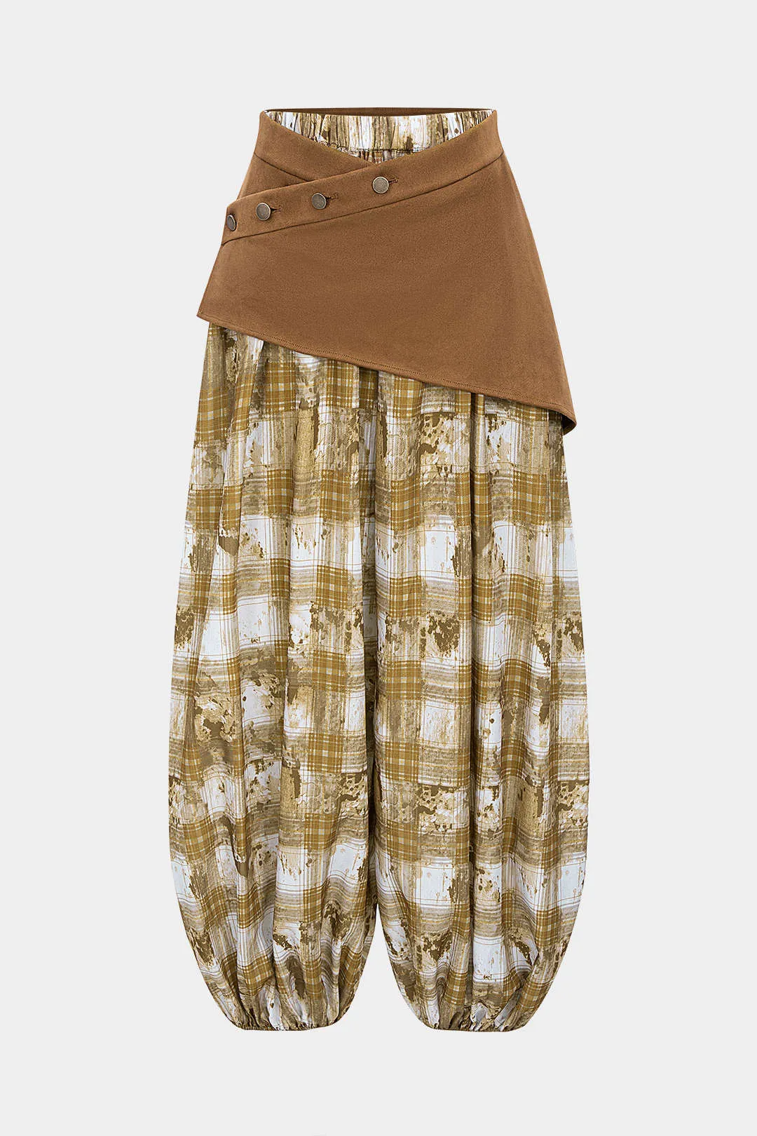 Plaid Print Shirred Waistband Patchwork Button Asymmetrical Lantern Trousers sold by Micas