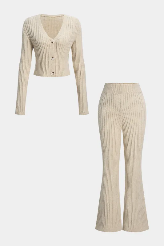 Knit Ribbed Button Long-Sleeve Top And Bell Leg Trousers Set sold by Micas