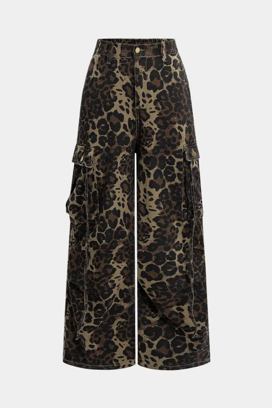 Denim Leopard Print High Waist Wide Leg Jeans sold by Micas