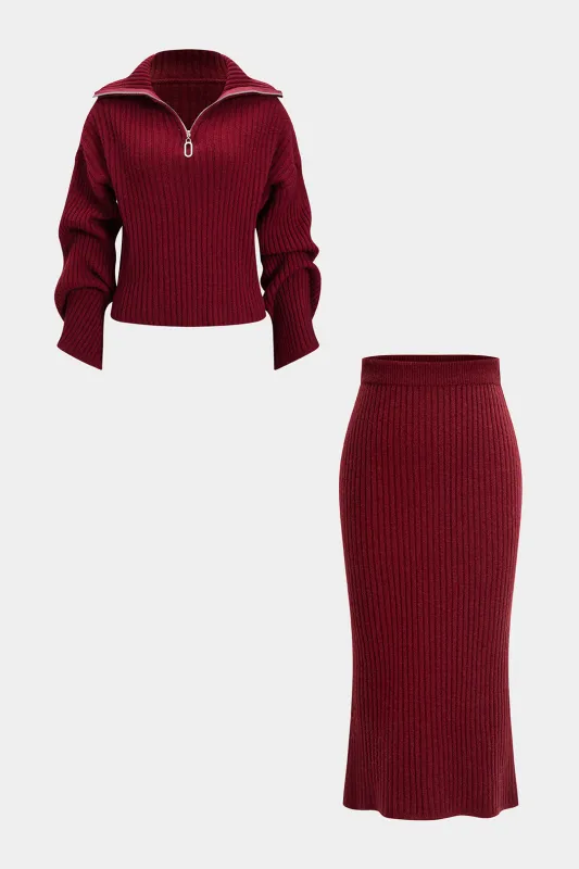 Knit Ribbed Zipper Collar Long-Sleeve Top And Skirt Set sold by Micas