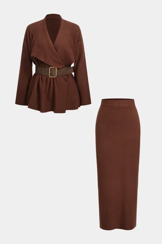 Knit Crossed Belted Long-Sleeve Top And Split Skirt Set sold by Micas