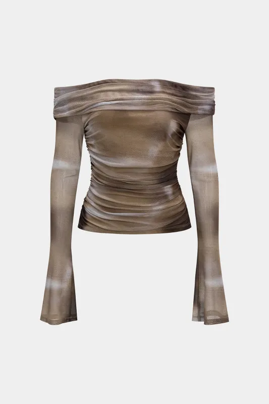 Abstract Tie Dye Ombre Print Mesh Off Shoulder Ruched Bell Sleeve Top sold by Micas